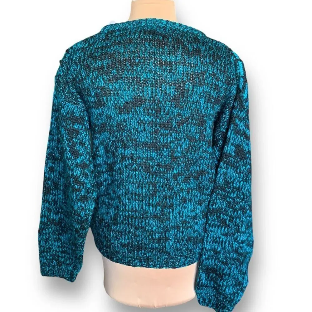 Vintage Street Scene Teal Black Checkered Plaid Loose Knit Pullover Sweater‎